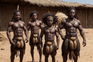 A group of 4 huge muscular 5 year old African children, dreadlocks hairstyles, tribal armour, get angry, with lances