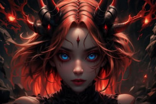 A captivating image of a strikingly beautiful woman, portrayed as a female demon from the underworld. Her penetrating blue eyes and full lips transmit fear to anyone who looks directly at her. On her head she has a pair of medium-sized red horns, while her long blonde hair with red highlights is carefully loose and adorned with strong highlights. She is dressed in a black corset with red details, equipped with various torture weapons and red gloves. The full-body depiction shows her with some lost souls around her who dare not touch her, exuding respect and confidence. This high-quality image, whether a painting or photograph, captures his alluring and formidable presence, immersing viewers in his captivating portrait. He has a hard, serious expression, ready to attack without provocation. Dazzling eyes