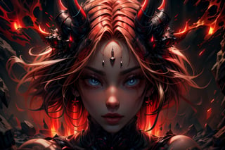 A captivating image of a strikingly beautiful woman, portrayed as a female demon from the underworld. Her penetrating blue eyes and full lips transmit fear to anyone who looks directly at her. On her head she has a pair of medium-sized red horns, while her long blonde hair with red highlights is carefully loose and adorned with strong highlights. She is dressed in a black corset with red details, equipped with various torture weapons and red gloves. The full-body depiction shows her with some lost souls around her who dare not touch her, exuding respect and confidence. This high-quality image, whether a painting or photograph, captures his alluring and formidable presence, immersing viewers in his captivating portrait. He has a hard, serious expression, ready to attack without provocation. Dazzling eyes