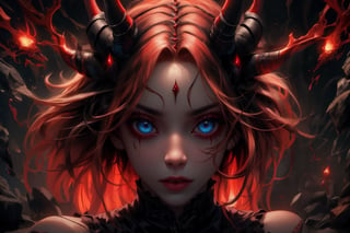 A captivating image of a strikingly beautiful woman, portrayed as a female demon from the underworld. Her penetrating blue eyes and full lips transmit fear to anyone who looks directly at her. On her head she has a pair of medium-sized red horns, while her long blonde hair with red highlights is carefully loose and adorned with strong highlights. She is dressed in a black corset with red details, equipped with various torture weapons and red gloves. The full-body depiction shows her with some lost souls around her who dare not touch her, exuding respect and confidence. This high-quality image, whether a painting or photograph, captures his alluring and formidable presence, immersing viewers in his captivating portrait. He has a hard, serious expression, ready to attack without provocation. Dazzling eyes