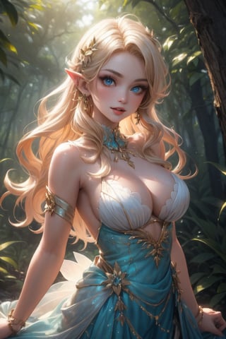 A captivating image of a strikingly beautiful woman who is young and slim, portrayed as a beautiful forest fairy. ((different sexy poses)). Her piercing blue eyes and full lips exude charm, while her long blonde hair is carefully blown straight and adorned with strong highlights. She is dressed in a short, flirty dress. The full-body depiction shows her in the forest surrounded by animals and nature, exuding confidence and happiness. This high-quality image, whether a painting or photograph, captures his alluring and formidable presence, immersing viewers in his captivating portrait. He has a playful and fun expression. Dazzling eyes.