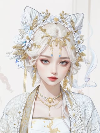 headdress adorned with gold accents and pearls. LOW-CUT, FLOWER PATTERN KIMONO. Gold embroidery and gemstones create a sense of luxury. The fabric drapes elegantly, suggesting a flowing robe or gown. The overall color palette—rich golds and glowing whites. COLORFUL SMOKE BACKGROUND.,ELIGHT,J ONI