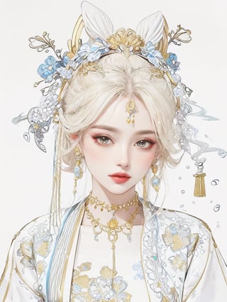 black hair, adorned with gold accents and pearls. LOW-CUT, FLOWER PATTERN KIMONO. Gold embroidery and gemstones create a sense of luxury. The fabric drapes elegantly, suggesting a flowing robe or gown. The overall color palette—rich golds and glowing whites. COLORFUL SMOKE BACKGROUND.,ELIGHT,J ONI