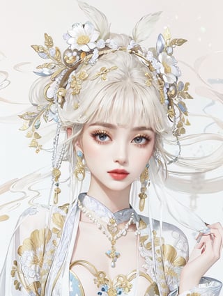 black hair, adorned with gold accents and pearls. LOW-CUT, FLOWER PATTERN KIMONO. Gold embroidery and gemstones create a sense of luxury. The fabric drapes elegantly, suggesting a flowing robe or gown. The overall color palette—rich golds and glowing whites. COLORFUL SMOKE BACKGROUND.,ELIGHT,J ONI