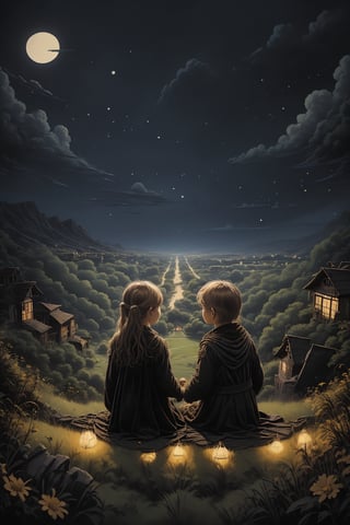 little girl(sister) and little boy (younger brother), alone, night full star, wide angel, view on the hill, UHD
