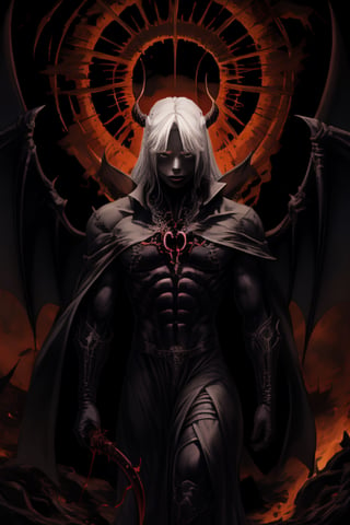 a lucifer with six black wing in hell, holding a schyte, dark aura