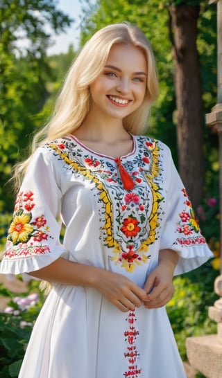 1girl, Beautiful young woman, blonde, smiling, (in beautiful Ukrainian national costume embroidery ornament white, black), sunny day, botanical garden, realistic