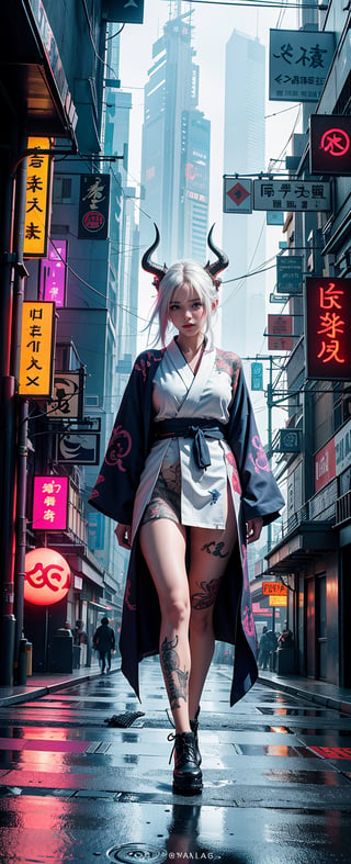 In a cyberpunk cityscape with vibrant neon lights and misty rain, the masterful albino demon queen stands tall, her long complex horns reaching 1.2 meters in length. She wears a hakama and gaiter, adorned with intricate kanji tattoos on her arms. Her kimono flows wide open, revealing a beautiful tattoo of a dragon on her back. The photo-booster effect of the city's lights enhances her glowing tat, as she confidently strides through the neon-lit streets.