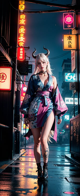 In a cyberpunk cityscape with vibrant neon lights and misty rain, the masterful albino demon queen stands tall, her long complex horns reaching 1.2 meters in length. She wears a hakama and gaiter, adorned with intricate kanji tattoos on her arms. Her kimono flows wide open, revealing a beautiful tattoo of a dragon on her back. The photo-booster effect of the city's lights enhances her glowing tat, as she confidently strides through the neon-lit streets.