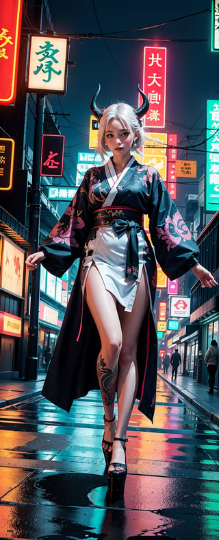 In a cyberpunk cityscape with vibrant neon lights and misty rain, the masterful albino demon queen stands tall, her long complex horns reaching 1.2 meters in length. She wears a hakama and gaiter, adorned with intricate kanji tattoos on her arms. Her kimono flows wide open, revealing a beautiful tattoo of a dragon on her back. The photo-booster effect of the city's lights enhances her glowing tat, as she confidently strides through the neon-lit streets.