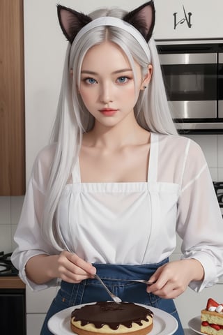 one girl, a girl with cat ears, neko girl, the girl bakes a brownie, a strawberry shortcake, masterpiece, high detail, quality textures, hd, 4k, incredible quality, SAM YANG, white hair, blue eyes, cute face, symmetrical face, neat face, neat hands, correct anatomy, beautiful fingers, (girl cook:1.2), white ears, big cat ears, (small lips:1.2), in a waist-high shot