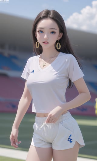 1girl, solo, long hair, breasts, 24 years old, looking at viewer, blue eyes, large breasts, shirt, black hair, holding, jewelry, standing, collarbone, white shirt, short sleeves, thighs, cowboy shot, sweat, earrings, outdoors, parted lips, sky, shorts, day, necklace, blurry, blue sky, hand on hip, short shorts, blurry background, watermark, forehead, ball, white shorts, sportswear, soccer uniform, stadium, soccer, boa hancock,realhands,hancock1