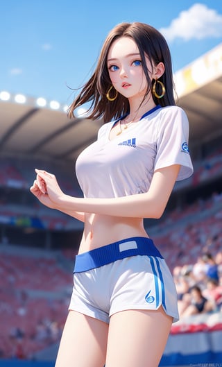 1girl, solo, long hair, breasts, 24 years old, looking at viewer, blue eyes, large breasts, shirt, black hair, holding, jewelry, standing, collarbone, white shirt, short sleeves, thighs, cowboy shot, sweat, earrings, outdoors, parted lips, sky, shorts, day, necklace, blurry, blue sky, hand on hip, short shorts, blurry background, watermark, forehead, ball, white shorts, sportswear, soccer uniform, stadium, soccer, boa hancock,realhands,hancock1