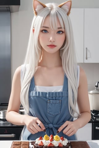 one girl, a girl with cat ears, neko girl, the girl bakes a brownie, a strawberry shortcake, masterpiece, high detail, quality textures, hd, 4k, incredible quality, SAM YANG, white hair, blue eyes, cute face, symmetrical face, neat face, neat hands, correct anatomy, beautiful fingers, (girl cook:1.2), white ears, big cat ears, (small lips:1.2), in a waist-high shot