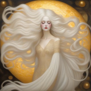 (((Gustav Klimt oil painting))) A (((stunningly drawn beautiful woman)) with (((incredibly long, thick, cascading pale white hair))), which flows down in luxurious waves and curls, covering her face and body, framed by a (((vibrant, perfect sphere of light))) (((perfect eyes))) (((piercing eyes)))