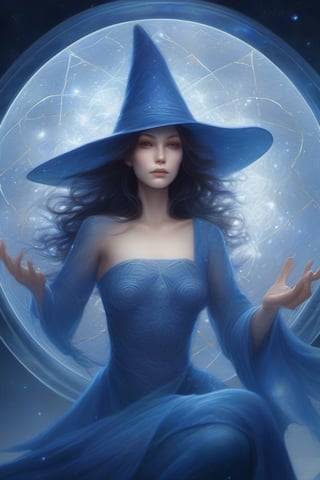 (((blue witch))), grasping a swirling, kaleidoscopic constellation that represents the ((galaxy)), delicately perched in a ((translucent glass container)). Her expression suggests wonder and strength,DonMB4nsh33XL 