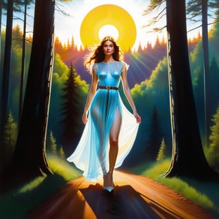 I will find my way home. Tall slender girl with a narrow waist Boris Vallejo style, she walks in a transparent dress with a belt at the waist. He goes along a forest path, there are tall trees all around. The sun's rays shine through their crowns.