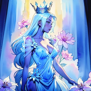 A luxuriously drawn (((translucent watercolor fantasy flowers queen scene))), intricate details and ornate patterns giving off a delicate, otherworldly glow, with a gracefully posed female figure at its center, her long locks and regal posture reflecting an air of serene elegance,Illustration,ELIGHT