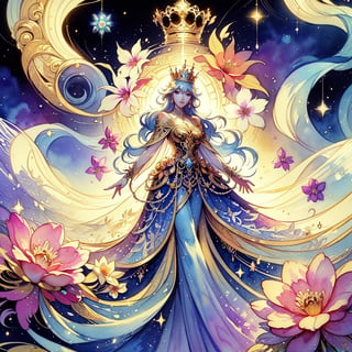 A luxuriously drawn (((translucent watercolor fantasy flowers queen scene))), intricate details and ornate patterns giving off a delicate, otherworldly glow, with a gracefully posed female figure at its center, her long locks and regal posture reflecting an air of serene elegance,Illustration,ELIGHT