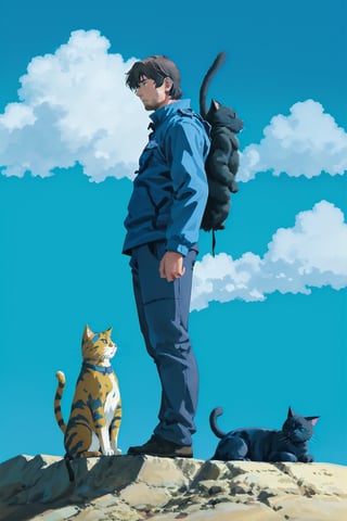 blue sky,epic,solo,mountain,animation_art, lonely man, a fat cat,