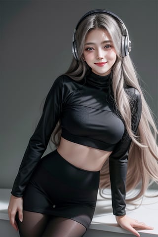 warm light room Beautiful woman with silver long hair against a grey background.over-the-ear headphones Smile,black tights top,Girl