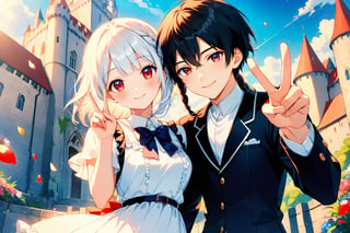 Masterpiece, beautiful details, perfect focus, uniform 8K wallpaper, high resolution, exquisite texture in every detail,
source_anime, Selfie,, a girl and a boy, couple, 
(1girl, long black hair, single braid, straight bangs, blue eyes, white ruffled dress, hands making a V-sign. ) , 
(1boy, short white hair, red eyes, wear black cool school uniform) , bangs,
standing, hugging from behind, dating, 
from the side,  
smile, happy, closed_eyes, 
outdoors, building ,castle, sky, day, calf, clouds, flowers,
Add falling petals below on the bottom.
profile, lens flare, glass art, glitter,  glint,  light