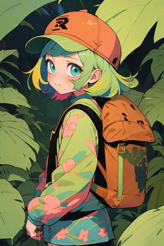 (best quality, masterpiece), 1girl, long sleeves, cap, shorts, jungle, backpack, cheerful,niji,portrait, rgbcolor,illustration,emotion