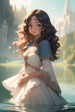 best quality, masterpiece, 1 girl, wavy hair,dress, detailed skin, lake, fantasy, looking at viewer, luminous