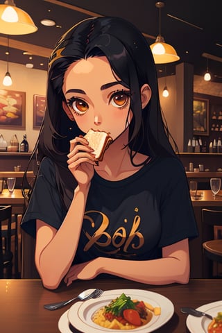 masterpiece, best quality, 1girl, solo, mature female, black hair, long hair, straight hair, forehead, brown eyes, shirt, eating, restaurant, girl,tshee00d,vector style