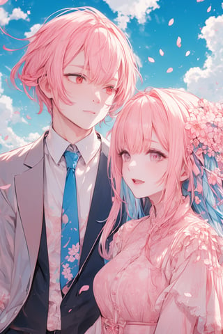 Couple, 1 woman with pink hair, 1 man with blue hair, in spring, cherry blossom, outdoors, sunny day, sky, dreamy,aki,best quality