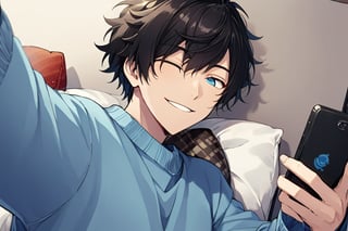 solo, smile, 1boy,  do selfie, blue eyes, male focus, black hair, one eye closed, sweater, pillow, phone, cellphone, smartphone, holding phone, ;\), selfie,tensura_style,amagi_hiiro, half body shot.