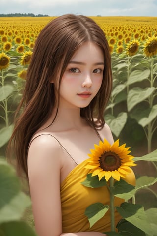  A beautiful woman. Sunflower field. Best Quality, Crazy Details and Sharp Focus, Masterpiece, Professional, Award Winning, Fine Detail, High Detail, UHD, 64k, Soft Look