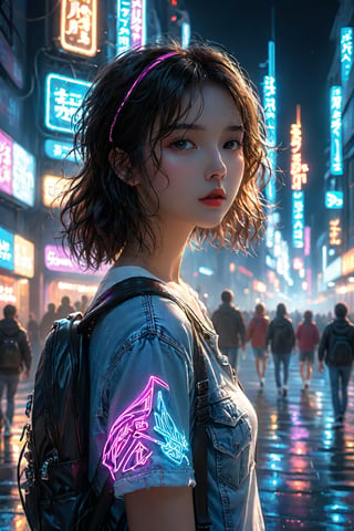 Dreampolis, hyper-detailed digital illustration, cyberpunk, stranger things background theme , scared expression, 17 y. o. single girl headphones in the street, neon lights, lighting bar, city, cyberpunk city, film still, backpack, in megapolis, pro-lighting, high-res, masterpiece, looking_at_viewer, full body,neon photography style, visible legs, wearing jean shorts, visible face, detailed face