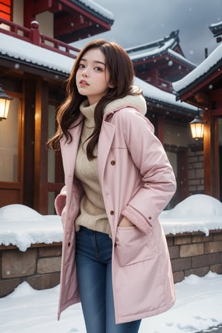 cute girl, long hair, fashion coat, pink winter coat, Jeans, standing looking up at the sky as snow is falling, winter city, cloudy, 4K, ultra HD, RAW photo, realistic, masterpiece, best quality, beautiful skin, white skin, 50mm, medium shot, outdoor, half body, photography, Portrait, ,chinatsumura, high fashion, snowflakes