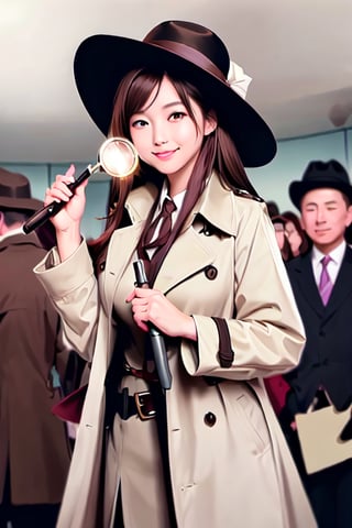 beautiful, 1girl,
(Brown hair:1.2),
long hair, smile, (detective:1.2),Magnifying glass,
Detective's hat,
Light color Trench coat, hk_girl