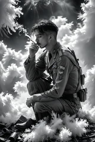 realistic image, captured with a Canon EOS R5, 35mm lens, F/1.8, ((black and white)), a defeated soldier, his face etched with fatigue and despair, takes a drag from a cigarette, smoke, uniform is tattered and worn, all is lost, disillusioned, highly detailed, award-winning, long exposure,  highly detailed, intricate background with smoke and mayhem