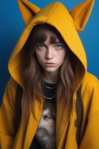 A moody individual poses before a gritty newspaper-covered backdrop. Long, messy brown hair flows over their shoulders as they gaze directly into the lens with piercing blue eyes. A choker adorns their neck, and a dog tail peeking out from beneath their hat hints at a playful edge. One hand rests in the pocket of a yellow jacket, while the other holds the brim of a hat adorned with ears. The hood of a hoodie is pulled up, casting a shadow over their face. A long-sleeved jacket hangs open, revealing a flash of nail polish on their fingers as they maintain eye contact with the viewer.