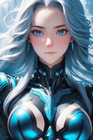 Close-up shot of JeeSoo, an elegant lady with long, flowing hair and piercing eyes. She wears a custom-designed high-tech cyberpunk blue suit that radiates a radiant glow. The suit's intricate details sparkle under the soft, icy lighting. Her gaze directly confronts the viewer, sword raised in a powerful pose. The composition emphasizes her beauty, set against a futuristic backdrop with mecha elements. The image is rendered in stunning 8K resolution, showcasing every detail with sharp focus and realistic texture.,Asia