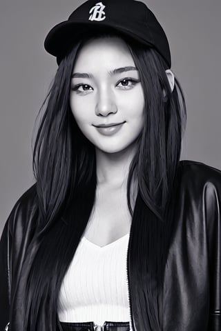 4k,best quality,masterpiece,20yo 1girl,(cropped jacket),(demin pant), alluring smile,baseball cap,

(Beautiful and detailed eyes),
Detailed face, detailed eyes, double eyelids ,thin face, real hands, muscular fit body, semi visible abs, ((short hair with long locks:1.2)), black hair, black background,


real person, color splash style photo,
