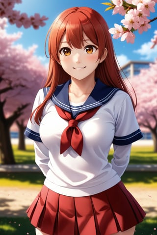 asterpiece, best quality, super detailed, 1 girl, solo, long hair, red hair, (bangs), brown eyes, big breasts, kousaka tamaki, smile, closed mouth, looking at viewer, school uniform, serafuku, red sailor collar, red neckerchief, red pleated skirt, white thighhighs realistic, sexy pose, upper body, cowboy shot, outdoor, sunny day, under the cherry blossom tree,score_9,xxmix girl woman