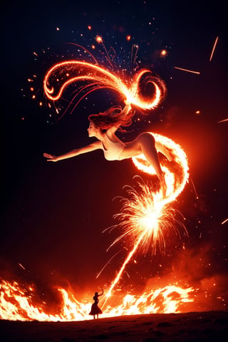 A breathtaking masterpiece depicts a lone girl, standing majestically amidst an intricate orange-red fractal background. Her flowing pink hair and bright red hat are illuminated by fiery sparks as she casts a fire spell. The camera captures her from the side, showcasing her striking blue-green eyes and delicate features as she leaps into the air, surrounded by swirling flames.