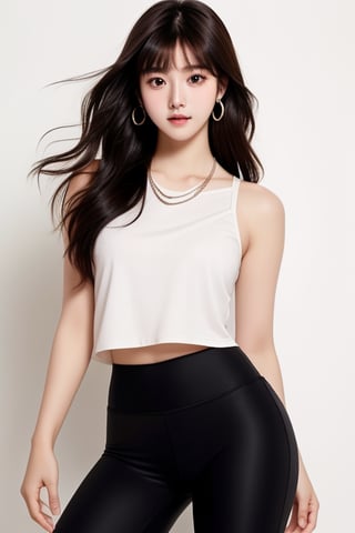 background is stadium,
18 yo, 1 girl, beautiful korean girl, running, wearing leggings(short), 
solo, {beautiful and detailed eyes}, dark eyes, calm expression, delicate facial features, ((model pose)), Glamor body type, (dark hair:1.2),very_long_hair, hair past hip,curly hair,bangs,
simple tiny necklace,simple tiny earrings, flim grain, realhands, masterpiece, Best Quality, 16k, photorealistic, ultra-detailed, finely detailed, high resolution, perfect dynamic composition, beautiful detailed eyes, eye smile, ((nervous and embarrassed)), sharp-focus, full_body, cowboy_shot,midjourney