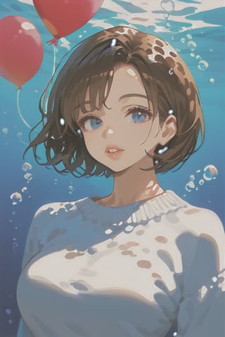 1girl, solo, looking at viewer, short hair, blue eyes, brown hair, black hair, collarbones, parted lips, water, lips, white sweater, sunlight, bubbles, underwater, ((small bubbles)), red balloons,niji5
