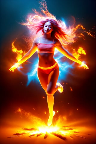 ((Masterpiece, best quality)),(Negative space:1.4),(1 girl, alone:1.4),Beautiful and delicate eyes, flowing pink hair, red hat, fireball, cast fire spell, Orange and red fractal background, looking sideways, blue-green eyes, full body, jumping