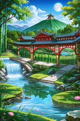 Ancient Chinese architecture, moon, midnight, garden, bamboo, lake, stone bridge, rockery, arch, corner, tree, running water, landscape, outdoors, waterfall, grass, rocks, lotus, hot spring, water vapor, (Illustration: 1.0), epic work, realistic lighting, HD details, masterpiece, best quality, (very detailed CG Unity 8k) - at 6 o'clock