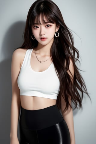 background is stadium,
18 yo, 1 girl, beautiful korean girl, running, wearing leggings(short), 
solo, {beautiful and detailed eyes}, dark eyes, calm expression, delicate facial features, ((model pose)), Glamor body type, (dark hair:1.2),very_long_hair, hair past hip,curly hair,bangs,
simple tiny necklace,simple tiny earrings, flim grain, realhands, masterpiece, Best Quality, 16k, photorealistic, ultra-detailed, finely detailed, high resolution, perfect dynamic composition, beautiful detailed eyes, eye smile, ((nervous and embarrassed)), sharp-focus, full_body, cowboy_shot,midjourney