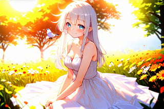 Soft focus on an enchanting anime girl with luminous white hair and piercing blue eyes, set amidst a lush bouquet of vibrant flowers against a warm, sunny backdrop. Billowy white gown flows behind her as she sits serenely, her peaceful smile illuminated by gentle sunlight. Birds' sweet melodies harmonize with the chirping insects in this idyllic anime art scene.