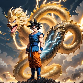 The image is an illustration of the character Goku from the anime series Dragon Ball Z. He is standing in a powered-up state with his hair spiked up and surrounded by blue lightning. He is wearing his orange and blue gi with a white belt and boots. His expression is serious and determined. The background is a dark blue void with bright white lightning bolts. The image is in a 3D rendered anime style, Golden oriental dragon