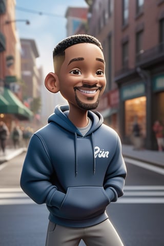 Pixar-style full-length caricature of a mischievous Will Smith in a dynamic pose on a bustling city street, wearing a sports sweatshirt, created by Greg Rutkowski with sharp focus, depth of field, perfect composition and intricate details. , trending on ArtStation and featured on Pixiv Fanbox, digital art, 8K HDR, ultra-realistic, with the feeling