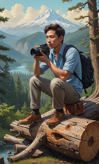 painting of a man sitting on a log with a camera, animal, inspired by Rudy Siswanto, high quality portrait, digital painting highly detailed, realism artstyle, cyril rolando and goro fujita, by Rudy Siswanto, realism art, enviromental portrait, (looking at viewer), traditional art, background mountain, inspired by Jeremy Chong, inspired by Jason Chan